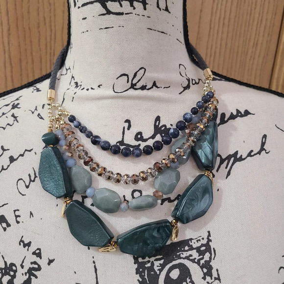 #45 set of 3 statement necklaces turquoise beaded chunky layered pendant blue - Picture 3 of 4